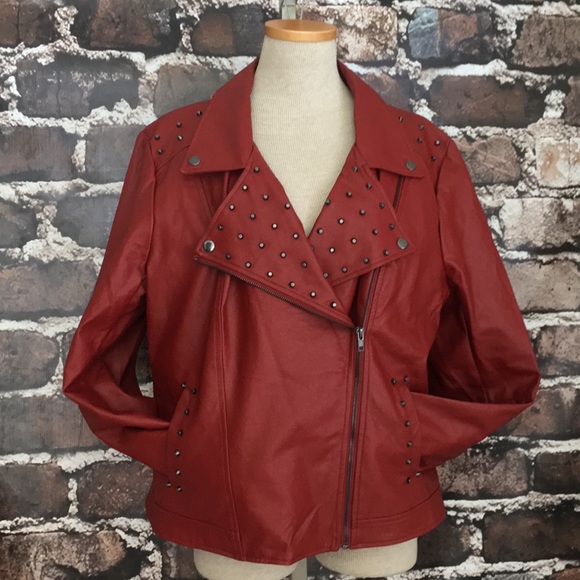 JustFab Jackets & Blazers - JustFab red studded moto jacket coat plus XXL 2X